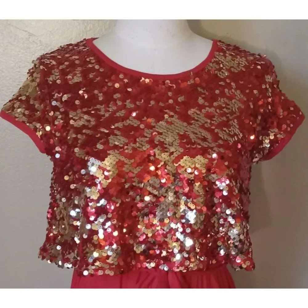 NEW Girls Sz XL 14-16 Plus Red with Gold Attached Sparkly Sequin Jacket Jumpsuit